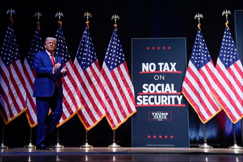 Republican presidential nominee former President Donald Trump arrives to speak at a campaign rally in Asheville, N.C., Wednesday, Aug. 14, 2024. (AP Photo/Matt Rourke)