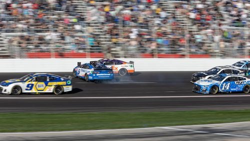 Kyle Larson (#5) crashes at the Folds of Honor QuikTrip 500 NASCAR cup series race at Atlanta Motor Speedway in Hampton, GA., on Sunday, March 20, 2022. (Photo/Jenn Finch)