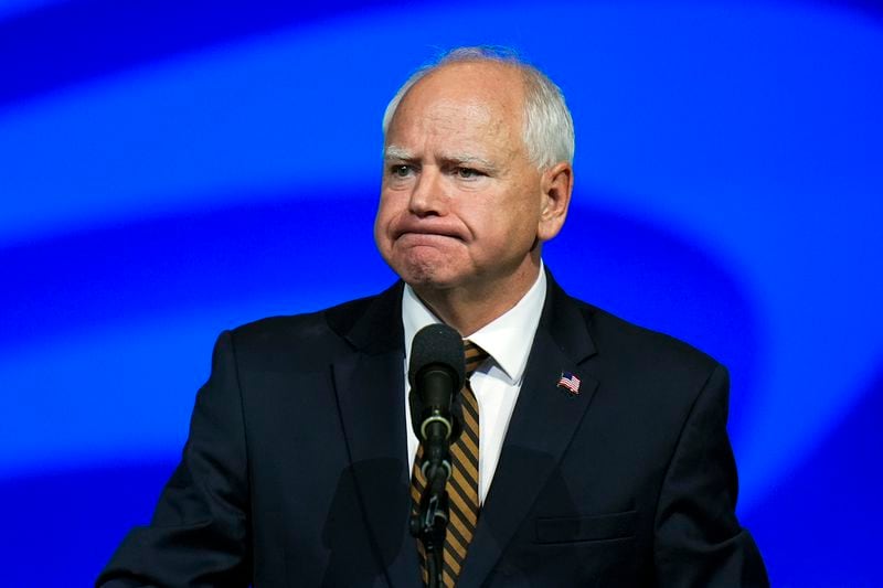 Democratic vice presidential nominee Minnesota Gov. Tim Walz reacts as he speaks at the American Federation of State, County and Municipal Employees (AFSCME) Convention in Los Angeles, Tuesday, Aug. 13, 2024. (AP Photo/Jae C. Hong)