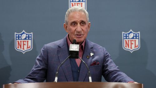 FILE - Atlanta Falcons owner Arthur Blank speaks during a news conference at the NFL football owners' spring meetings Tuesday, May 21, 2024, in Nashville, Tenn. Blank, says he is more optimistic than he has been in several years as the team prepares for the season with new coach Raheem Morris and new quarterback Kirk Cousins. (AP Photo/George Walker IV, File)