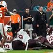 Virginia Tech wide receiver Da'Quan Felton (9) drops the ball after a last minute pass in the endzone during the second half of an NCAA college football game against Miami, Friday, Sept. 27, 2024, in Miami Gardens, Fla. (AP Photo/Marta Lavandier)