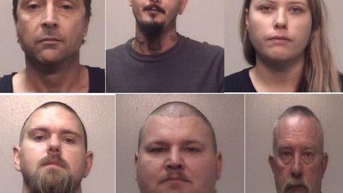 (Top, left to right) Kenneth Hamrick Campbell Jr., Lloyd Jefferson Harris, Ashley Morgan Hartfree. (Bottom, left to right) Ricky James Hartfree, Thomas Joseph Lewandoski, Stephen Maxwell Kemp. (Credit: Coweta County Sheriff's Office)