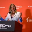 FILE - WNBA commissioner Cathy Engelbert speaks to the media before the WNBA basketball draft on Monday, April 15, 2024, in New York. (AP Photo/Adam Hunger, File)