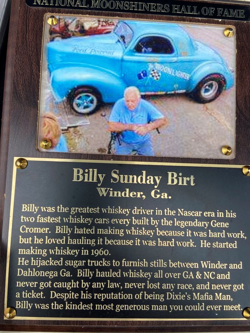 A plaque at the Moonshine Hall of Fame in Dawsonville declares Billy Sunday Birt the "greatest whiskey driver" in the NASCAR era. Bo Emerson for The Atlanta Journal-Constitution