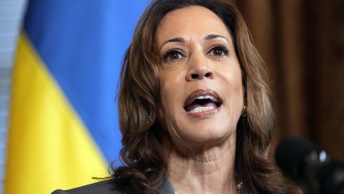 Democratic presidential nominee Vice President Kamala Harris speaks as she meets with Ukraine's President Volodymyr Zelenskyy, Thursday, Sept. 26, 2024, at the Vice President's ceremonial office inside the Eisenhower Executive Office Building on the White House complex in Washington. (AP Photo/Jacquelyn Martin)