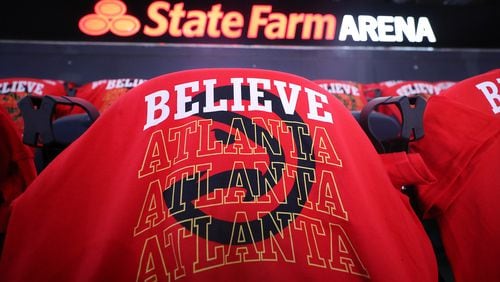 Believe Atlanta shirts for fans cover the seats in State Farm Arena at Game 6 of the NBA Eastern Conference Finals on July 3. (Curtis Compton / Curtis.Compton@ajc.com)