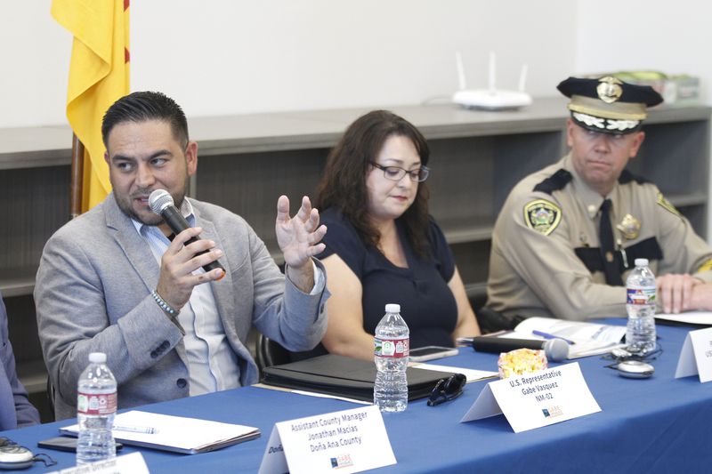 Rep. Gabe Vasquez, D-N.M., talks about economic development and immigration at a town-hall style meeting, Tuesday, Aug. 20, 2024, in Chaparral, N.M., an unincorporated "colonias" communities where many migrant workers settled over the past century on cheap plots of land, often with limited access to water or electricity. Vasquez, a first-term Democrat from New Mexico, touts his knowledge of the border region as the U.S.-born son of immigrants while seeking reelection in a rematch against former Republican Congresswoman Yvette Herrell. (AP Photo/Morgan Lee)