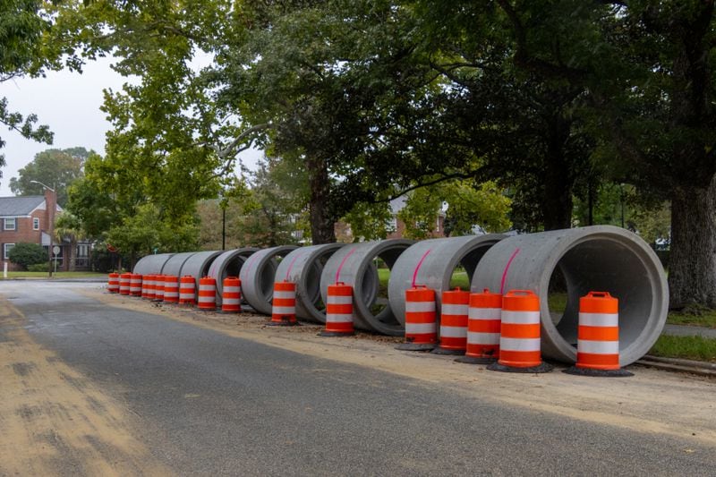 Large pipes lining the edge of Hull Park on Thursday, September 5, 2024, in Savannah. (Katelyn Myrick/AJC)