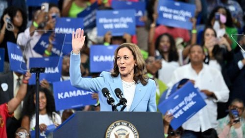 Vice President Kamala Harris, shown during her rally Tuesday at Georgia State University, was expected to be in Savannah on Friday as part of a four-day swing through battleground states with her yet-to-be-announced running mate. But Harris postponed the Savannah stop on Monday because Hurricane Debby is expected to bring historic rainfall to coastal Georgia later in the week. (Hyosub Shin / Hyosub.Shin / ajc.com)