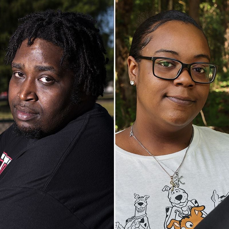 Jamal Benson, left, was driving the Nissan Altima that belonged to Fredricia Cain, right, when it was struck on Sept. 30, 2020, by a vehicle fleeing a GSP trooper in Midtown. Benson, who was thrown from the vehicle, says that he woke up in the street with a fractured leg. "I just remember seeing the black sky and having glass in my body and hearing an officer saying, 'Are you all right?' " (Joe Lamberti for AJC & Natrice Miller/ Natrice.miller@ajc.com)