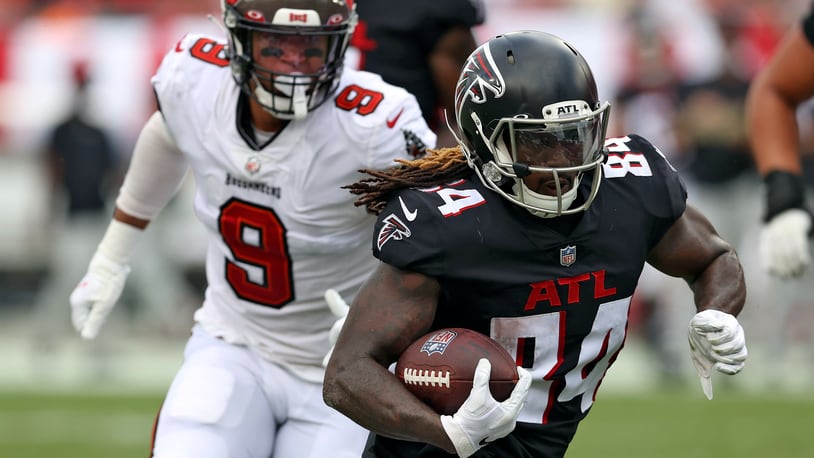 Atlanta Falcons running back Cordarrelle Patterson (84) lines up during the  first half of an NFL football game against the Tampa Bay Buccaneers,  Sunday, Jan. 8, 2023, in Atlanta. The Atlanta Falcons