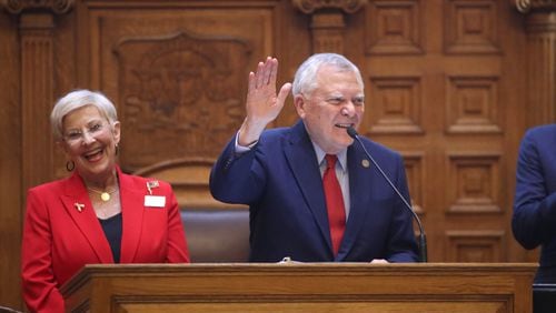 Nathan Deal, with his wife, Sandra, by his side, speaks to the state Senate during his last Sine Die as governor in 2018. Tuesday on "Politically Georgia," Deal talked about his children's book, "Veto, the Governor's Cat," which he said he wrote at the urging of his wife, who died in 2022. PHOTO / JASON GETZ