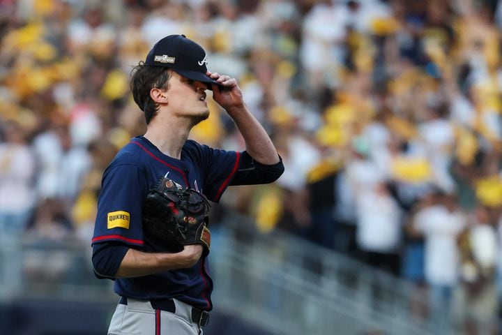 Atlanta Braves pitcher Max Fried reacts after a home run by San Diego Padres catcher Kyle Higashioka during the second inning of National League Division Series Wild Card Game Two at Petco Park in San Diego on Wednesday, Oct. 2, 2024.  San Diego won 5-4.  (Jason Getz / Jason.Getz@ajc.com)