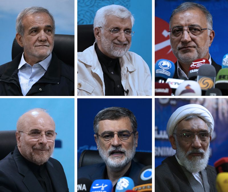 This combination of photos shows Iranian June 28, presidential candidates Masoud Pezeshkian, lawmaker and a former Health Minister, top left, Saeed Jalili, former senior nuclear negotiator, top center, Alireza Zakani, Tehran Mayor, top right, Mohammad Bagher Qalibaf, Parliament Speaker, bottom left, Amirhossein Ghazizadeh Hashemi, the late President Raisi's Vice-President, bottom center, and Mostafa Pourmohammadi, a former Minister of Justice. (AP Photo/Vahid Salemi)