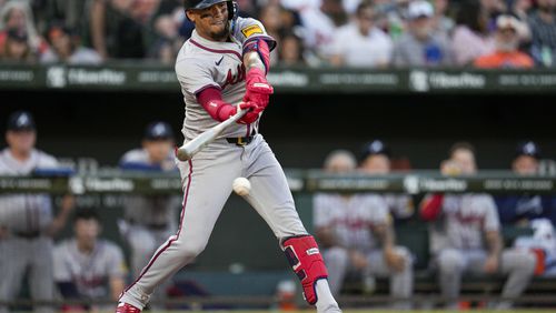 Atlanta Braves' Orlando Arcia hits a single against the Baltimore Orioles during the fifth inning of a baseball game, Tuesday, June 11, 2024, in Baltimore. (AP Photo/Jess Rapfogel)