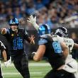 Detroit Lions quarterback Jared Goff (16) passes during the first half of an NFL football game against the Seattle Seahawks, Monday, Sept. 30, 2024, in Detroit. (AP Photo/Paul Sancya)