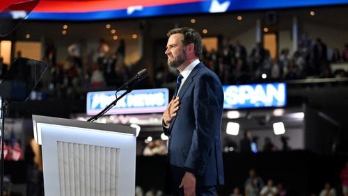 Republican vice presidential candidate Sen. JD Vance speaks during the third day of the Republican National Convention, Wednesday, July 17, 2024, in downtown Milwaukee, WI. (Hyosub Shin / AJC)