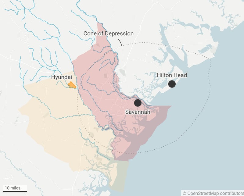 Inside the "Cone of Depression," water pressure in the aquifer is lower than before development because of heavy use in Savannah and South Carolina. That low pressure pulls salt water into the aquifer. (Datawrapper)