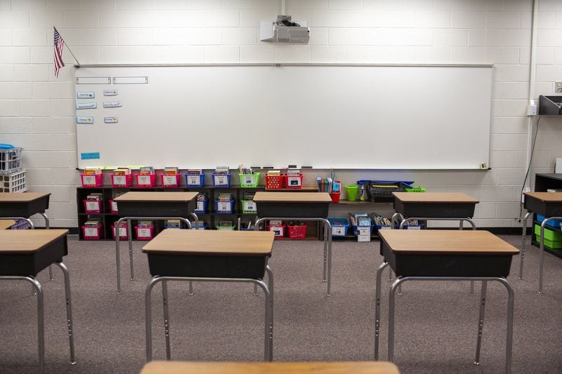 Desks are seen socially distanced in Northbrook Middle School in Suwanee, Georgia, on Wednesday, July 8, 2020. 