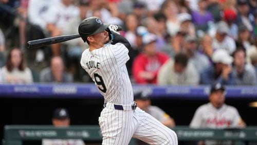 Colorado Rockies' Brenton Doyle follows the flight of his two-run home run off Atlanta Braves starting pitcher Grant Holmes in the third inning of a baseball game Friday, Aug. 9, 2024, in Denver. (AP Photo/David Zalubowski)