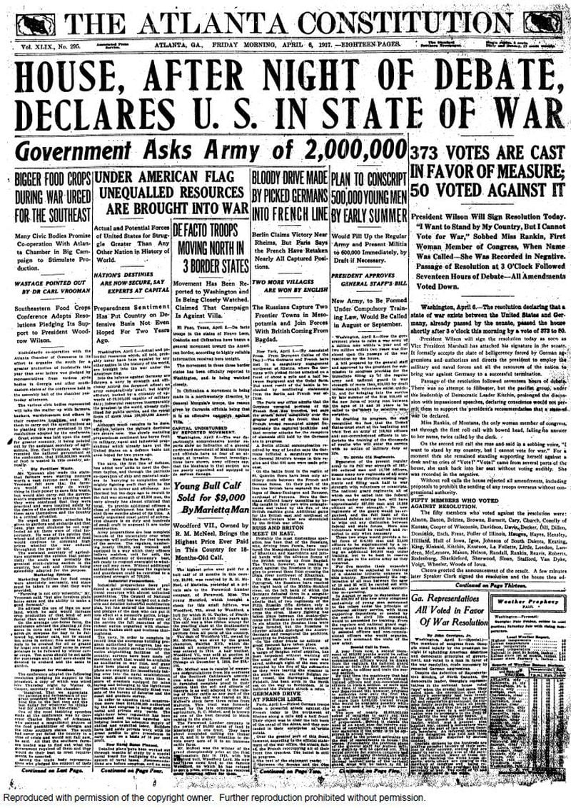 The Atlanta Constitution reported that the United States was in a state of war on April 6, 1917.