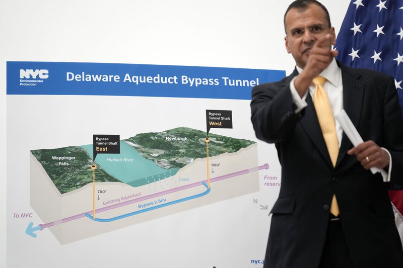 Commissioner of the NYC Department of Environmental Protection Rohit Aggarwala explains some of the planned repairs on the water supply infrastructure in New York, Monday, Sept. 30, 2024. (AP Photo/Seth Wenig)