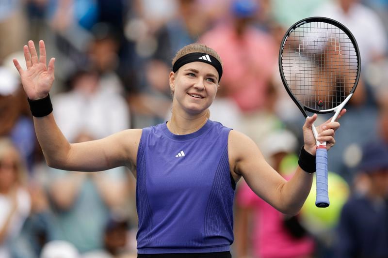 Karolina Muchova, of the Czech Republic, reacts after defeating Anastasia Potapova, of Russia, during the third round of the U.S. Open tennis championships, Saturday, Aug. 31, 2024, in New York. (AP Photo/Adam Huger)