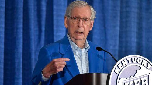 Senate Minority Leader Mitch McConnell, R-Ky., speaks to the audience gathered at the Kentucky State Fair Ham Breakfast at the Kentucky Exhibition Center in Louisville, Ky., Thursday, Aug. 22, 2024. (AP Photo/Timothy D. Easley)