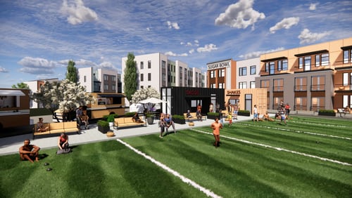 The 16-acre mixed-use development between Peachtree Industrial Boulevard and Hillcrest Drive, tentatively dubbed The Sugar Bowl, will include 300 apartments and townhouses and a lawn court. (Courtesy City of Sugar Hill)