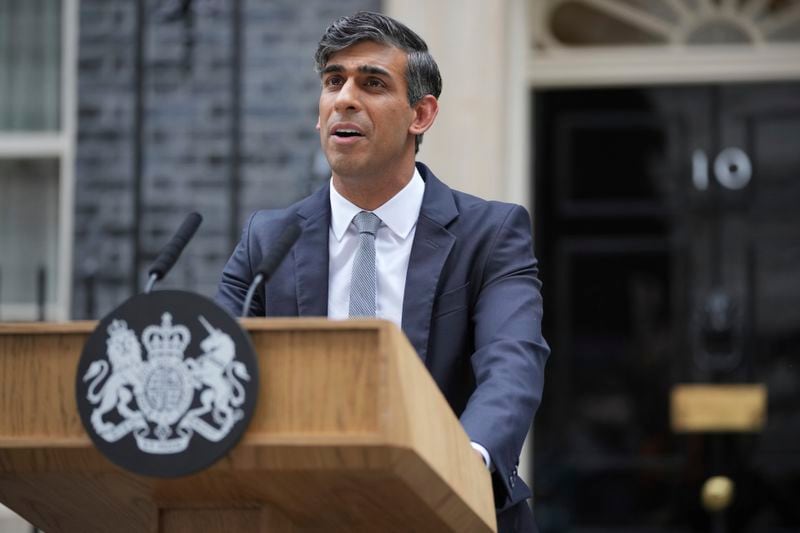 Britain's outgoing Conservative Party Prime Minister Rishi Sunak speaking outside 10 Downing Street before going to see King Charles III to tender his resignation in London, Friday, July 5, 2024. Sunak and his Conservative Party lost the general election held July 4, to the Labour Party, whose leader Keir Starmer is set become Prime Minister later Friday. (AP Photo/Kin Cheung)