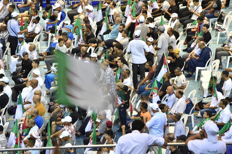 Supporters of presidential candidate of the Movement of Society for Peace (MSP), Hassani Cherif Abdelaâli, attend a rally on the last day of campaigning ahead of the presidential elections, in Algiers, Algeria, Tuesday, Sept. 3, 2024. (AP Photo/Fateh Guidoum)