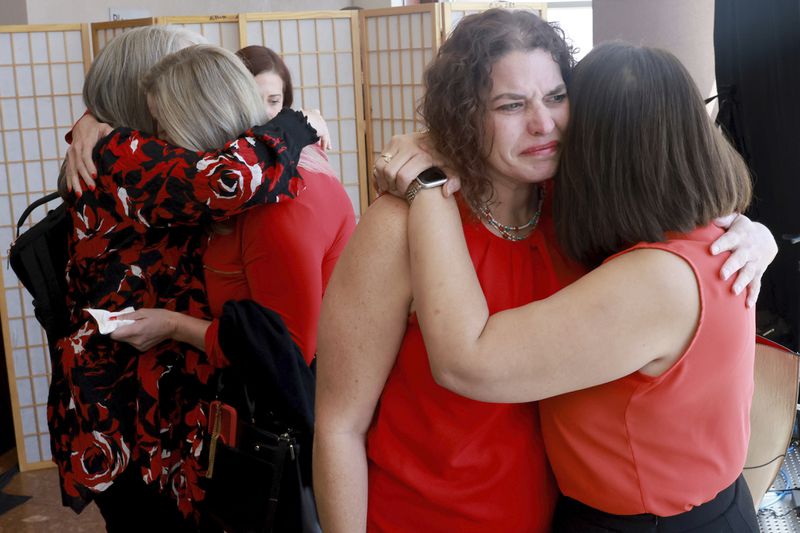 From left, former co-workers of Robert Telles, Rita Reid, Aleisha Goodwin, Jessica Coleman and Noraine Pagdanganan react to a guilty verdict in Telles' murder trial at the Regional Justice Center in Las Vegas Wednesday, August 28, 2024. (K.M. Cannon/Las Vegas Review-Journal, Pool)/