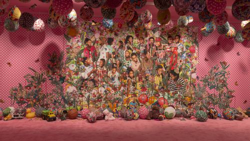 Ebony G. Patterson's installation " . . . .they were just hanging out . . . you know . . . talking about . . . (. . . when they grow up . . .)," ( 2016), beads, appliqués, fabric, glitter, buttons, costume jewelry, trimming, rhinestones, glue, and digital prints
Courtesy of High Museum of Art / Adam Reich