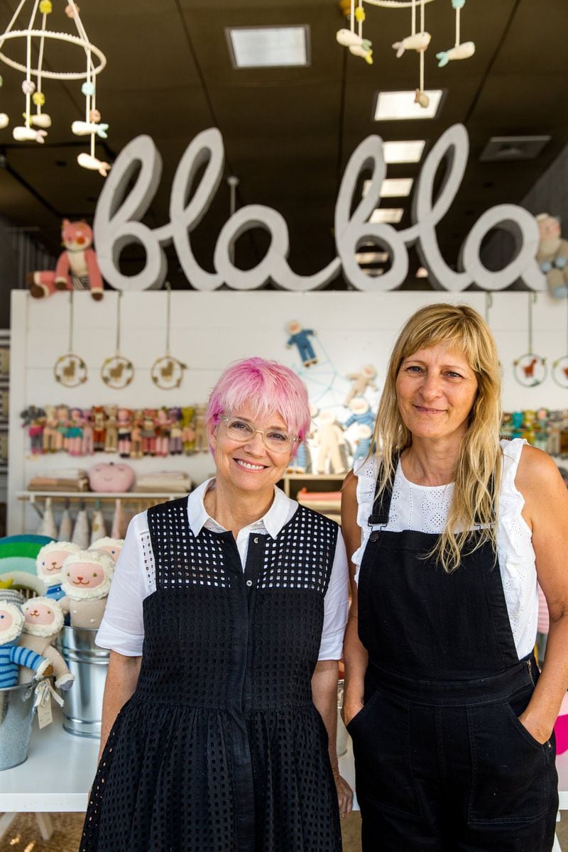 Blabla Kids has a storefront and studio in Virgina Highlands where Susan Pritchett, left, and Florence Wetterwald, right, creations are available. The hand-made, modern, knitted dolls are made of all-natural materials and are whimsical and cuddly. (Jenni Girtman/Atlanta Event Photography)
