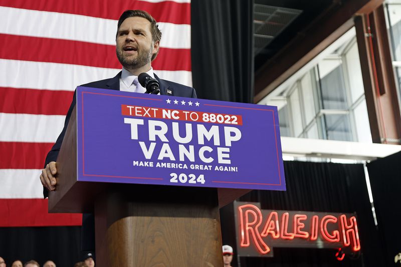 Republican vice presidential nominee Sen. JD Vance, R-Ohio, speaks at a campaign event in Raleigh, N.C., Wednesday, Sept. 18, 2024. (AP Photo/Karl B DeBlaker)