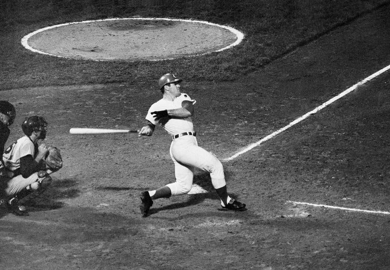 FILE - Cincinnati's Pete Rose watches the ball sail toward the right field bleachers in fourth inning of twi-nighter nightcap against the Dodgers in Cincinnati, Sept. 24, 1969. (AP Photo, File)