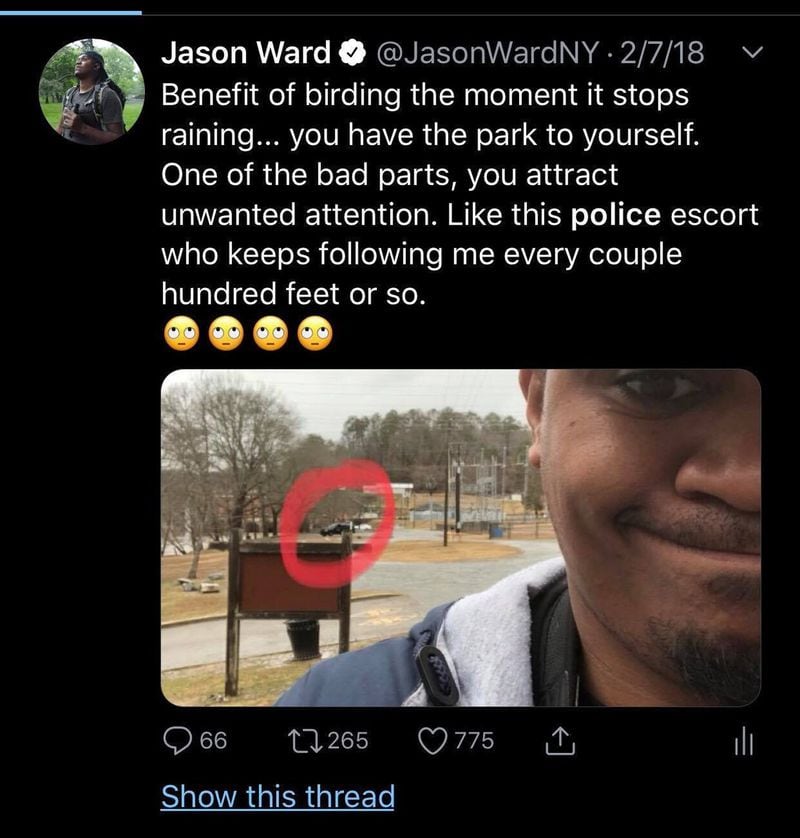 Jason Ward tweeted about a 2018 experience when appeared to be followed by a police officer. He jokes that it is one of the downsides of being an African American birder. CONTRIBUTED
