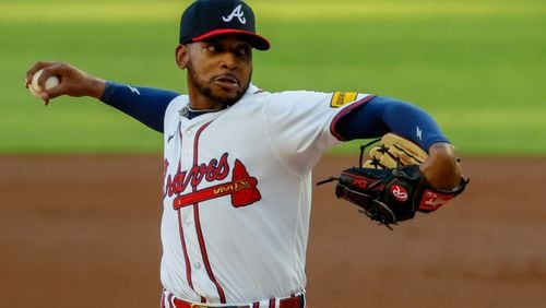 Darius Vines during the first inning of the Braves-Rangers game at Truist Park in April. (Miguel Martinez/ AJC)