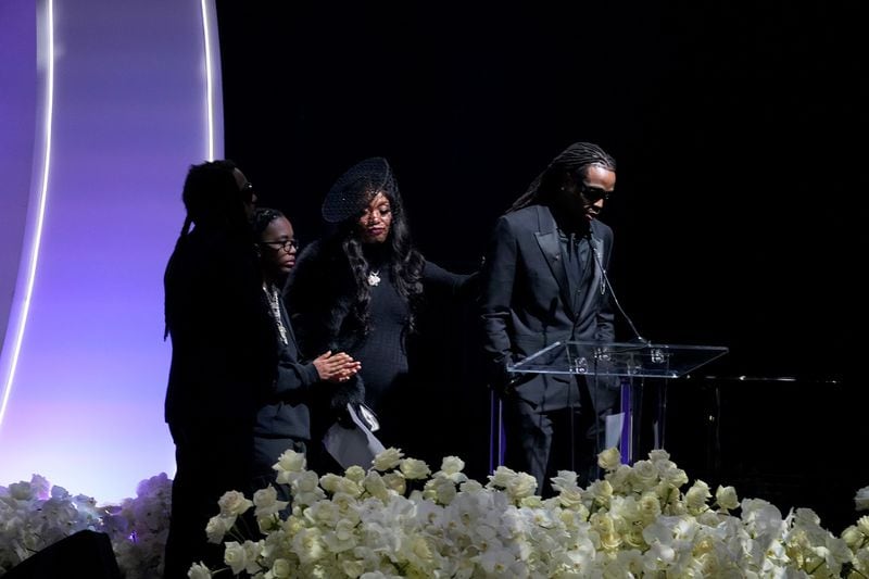 Fellow Migos member Quavo speaks at Takeoff's celebration of life service at State Farm Arena on Friday, Nov. 11, 2022, in Atlanta. (Photo: Kevin Mazur / Provided to The Atlanta Journal-Constitution)