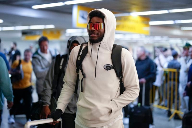 The Green Bay Packers' Romeo Doubs arrives at Sao Paulo International airport ahead of a match against the Philadelphia Eagles in Guarulhos, greater Sao Paulo, Brazil, Wednesday, Sept. 4, 2024. (AP Photo/Andre Penner)