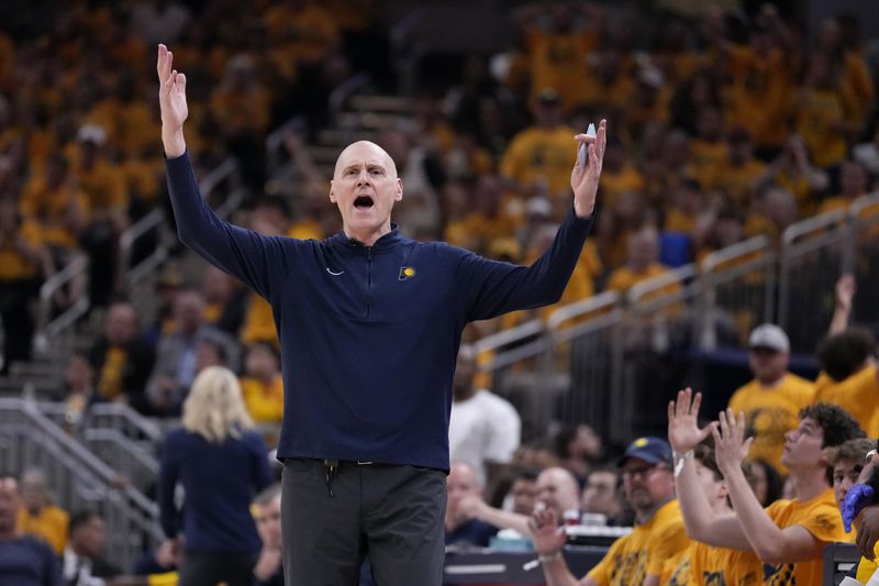 Indiana Pacers head coach Rick Carlisle reacts to a call during the first half of Game 3 of the NBA Eastern Conference basketball finals against the Boston Celtics, Saturday, May 25, 2024, in Indianapolis. (AP Photo/Michael Conroy)