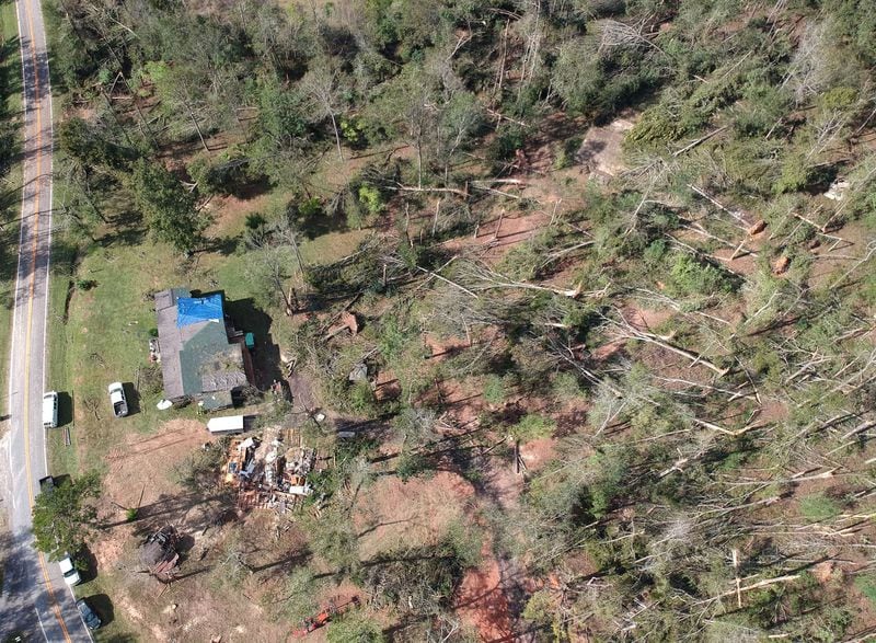October 11, 2018 Roberta - Aerial view of damages by Tropical Storm Michael off Flint River Estates Road in Roberta on Thursday, October 11, 2018. Tropical Storm Michael swept out of Georgia before sunrise, leaving a trail of destruction in its wake. HYOSUB SHIN / HSHIN@AJC.COM