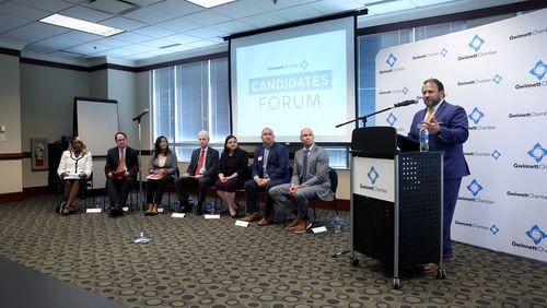 Gwinnett County Chamber of Commerce President and CEO Nick Masino speaks during a candidate forum for Gwinnett County School Board at the Gwinnett County Chamber of Commerce Wednesday, April 20, 2022, in Duluth, Ga. (Jason Getz / Jason.Getz@ajc.com)