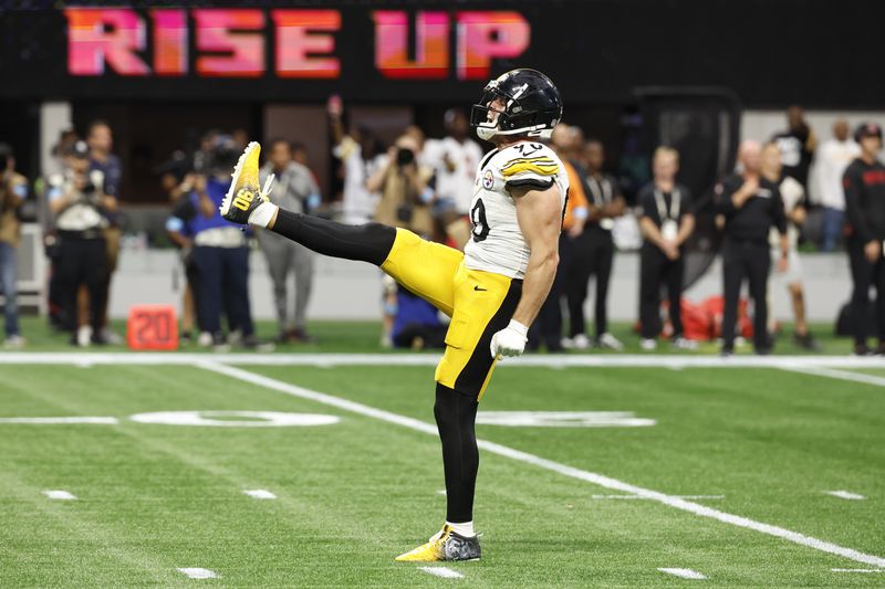 Pittsburgh Steelers linebacker T.J. Watt celebrates after sacking Atlanta Falcons quarterback Kirk Cousins at the end of an NFL football game Sunday, Sept. 8, 2024, in Atlanta. (AP Photo/Butch Dill)