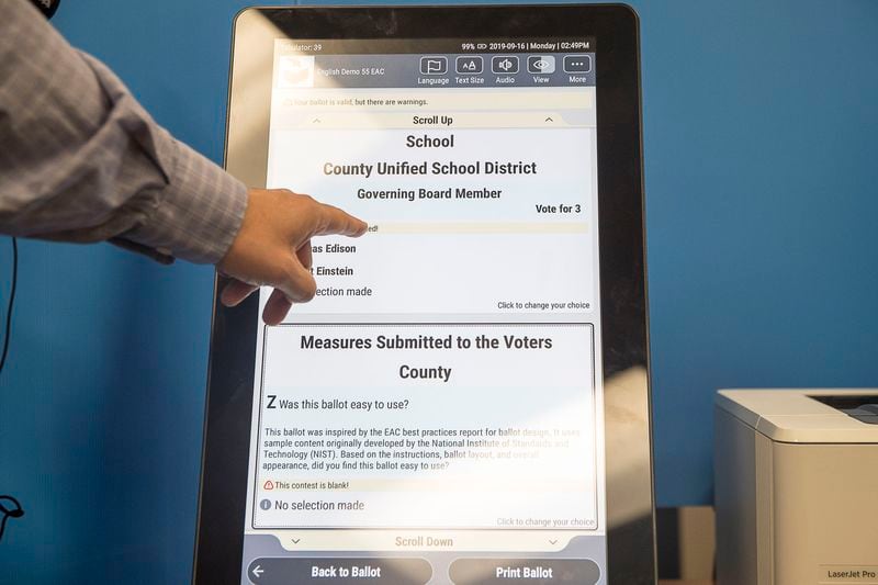 A new Georgia voting machine is shown at the James H. "Sloppy" Floyd building in Atlanta (Alyssa Pointer/alyssa.pointer@ajc.com)