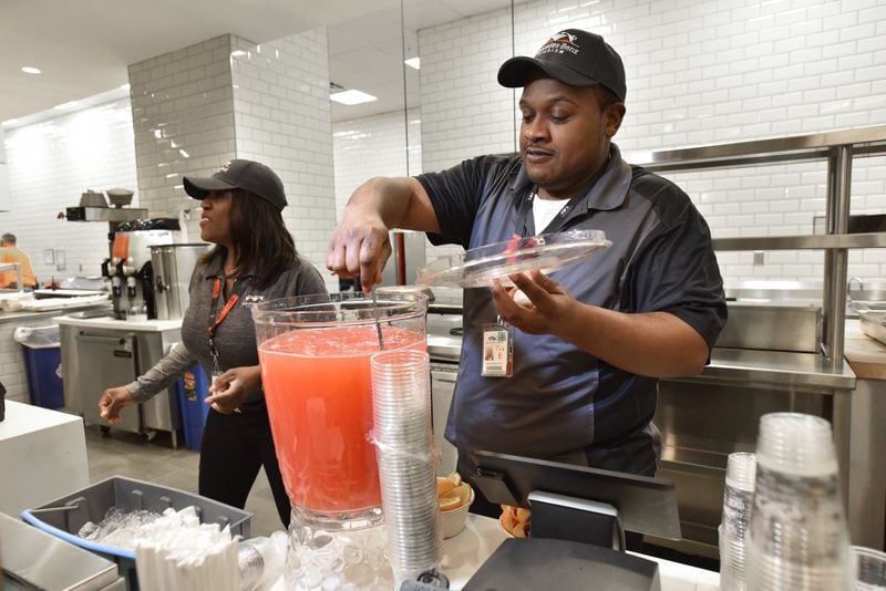 Mercedes- Benz Stadium's food and beverage staff prepare cocktails January 29, 2019.