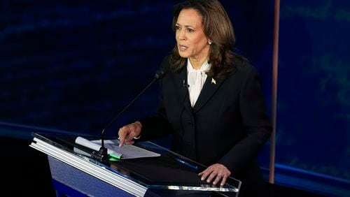 Democratic presidential nominee Vice President Kamala Harris speaks during a presidential debate with Republican presidential nominee former President Donald Trump at the National Constitution Center, Tuesday, Sept.10, 2024, in Philadelphia. (AP Photo/Alex Brandon)