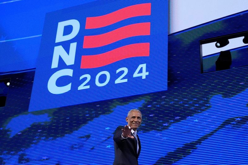 Former President Barack Obama speaks during the Democratic National Convention Tuesday, Aug. 20, 2024, in Chicago. (AP Photo/Brynn Anderson)