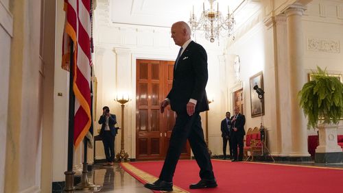 President Joe Biden walks from the podium after speaking in the Cross Hall of the White House Monday, July 1, 2024, in Washington. (AP Photo/Jacquelyn Martin)