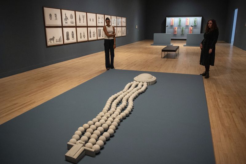 Artwork by Pio Abad is seen during the Turner Prize 2024 press preview at Tate Britain in London, as part of the 40th anniversary exhibition featuring four shortlisted artists, Tuesday, Sept. 24, 2024. (AP Photo/Thomas Krych)